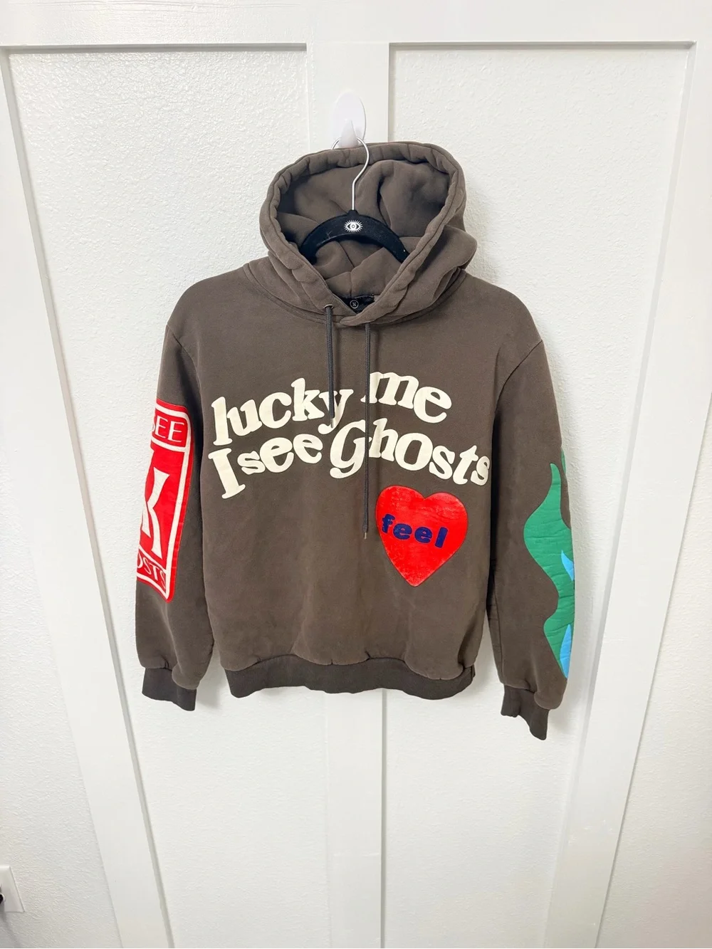 Cactus Plant Flea Market Black Hoodie with Pink Heart and Green Flame Sleeves